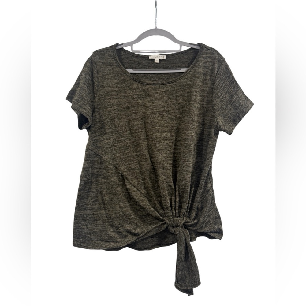 Women’s Green Olive Short Sleeve Tie Front Top Blouse Shirt Large